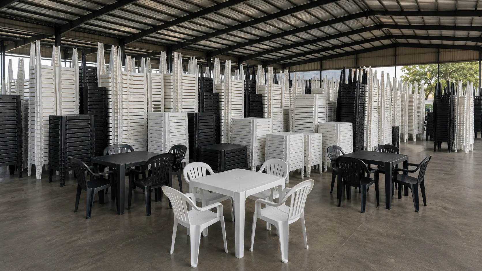 Galpão da Mundo das Cadeiras com cadeiras de plástico brancas e pretas empilhadas