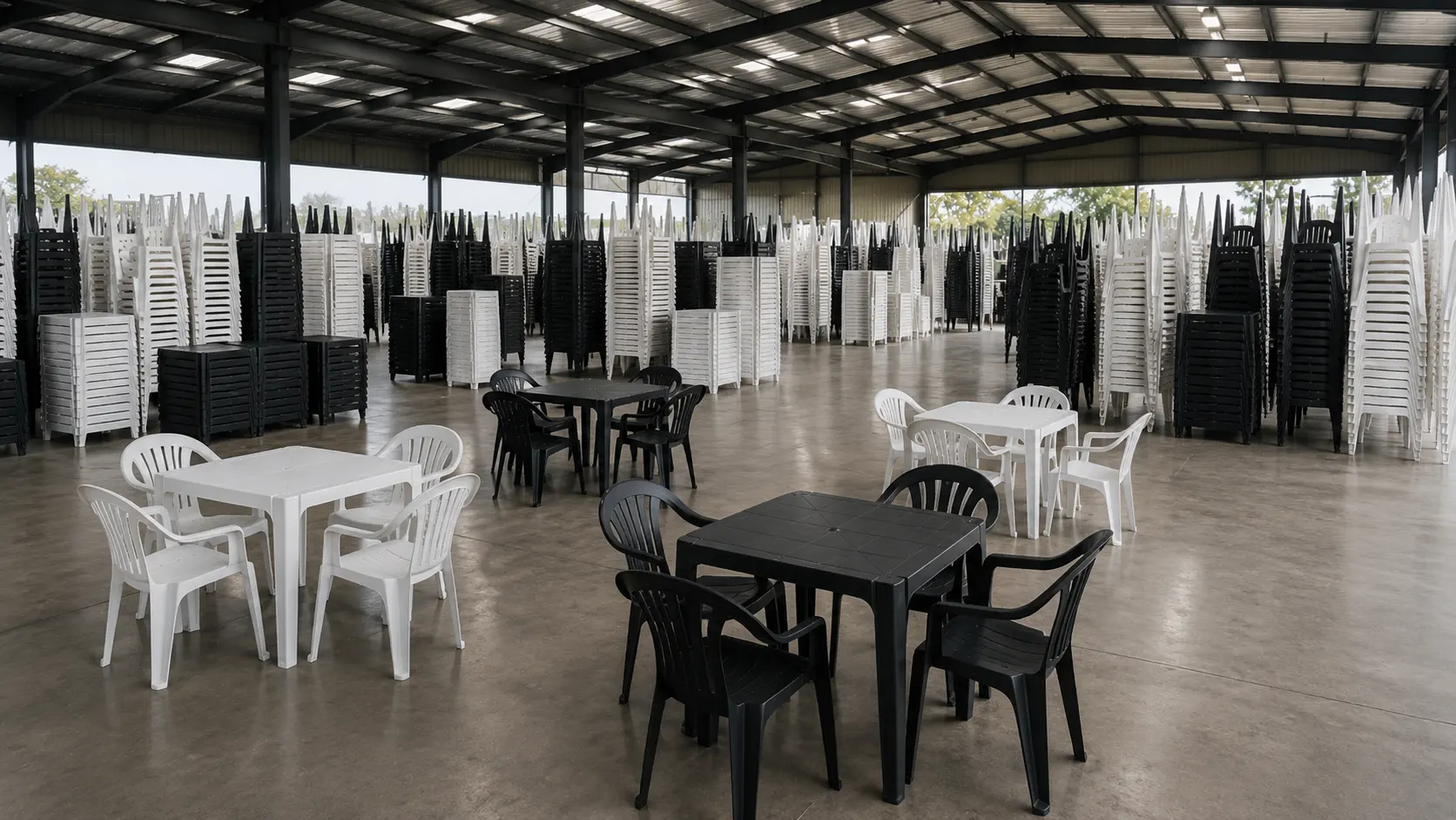 Mesas e cadeiras de plástico brancas e pretas organizadas no showroom do galpão
